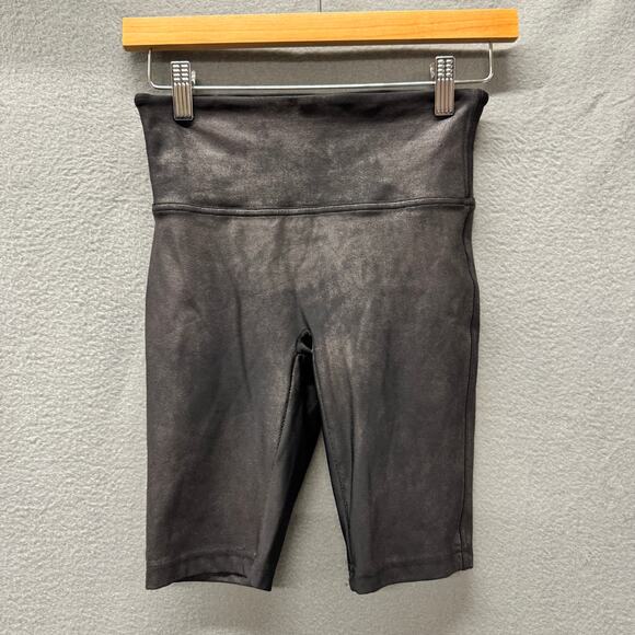 Spanx Shorts Womens Small Black Faux Leather Compression Biker 8" Inseam - Picture 1 of 9